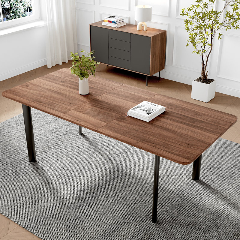 Extendable Metal Base Dining Table, Dark Brown Wood