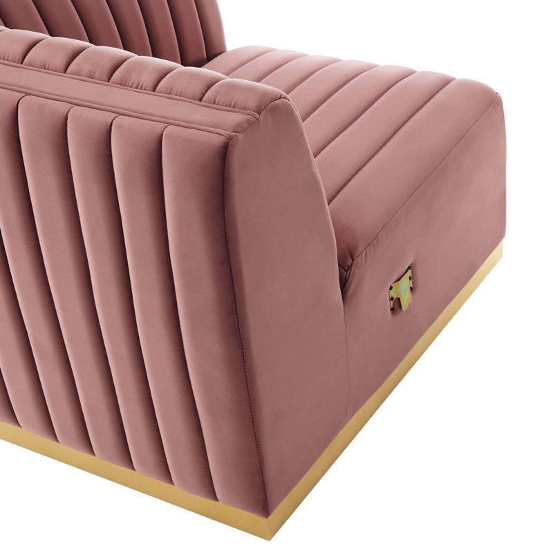 Conjure Channel Tufted Sofa by Modway, Gold, Dusty Rose Velvet, 28" H x 155" W x 36.5" D