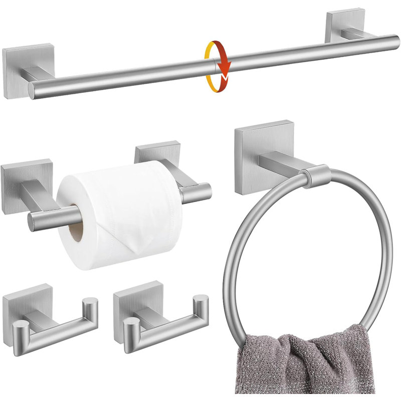 Bathroom Hardware Set - 5 Piece Towel Bar, Toilet Paper Holder, Towel Ring And Robe Hooks - Stainless Steel Wall Mounted Set With Dual Base Design For Enhanced Stability