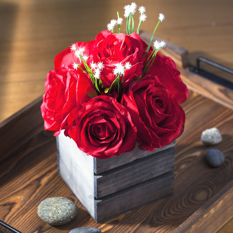 Rose in Planter Faux Floral, Red, 8" H x 6" W x 6" D