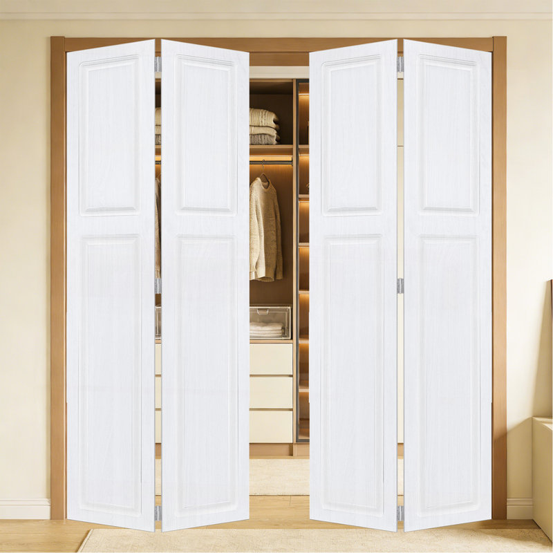 Double double 2 panneaux pliables 84 po x 48 po Porte de grange coulissante en bois de noyer blanc avec ensemble de quincaillerie