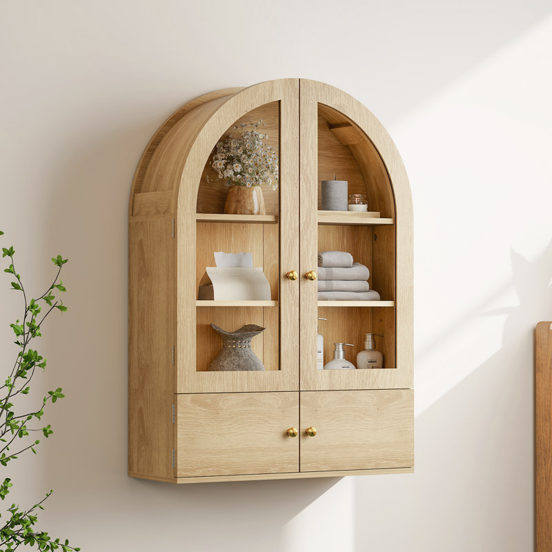 Armoire murale de salle de bain avec portes en verre, armoire à pharmacie en bois avec tablette réglable, armoire suspendue arquée pour salle de bain, salon, naturel