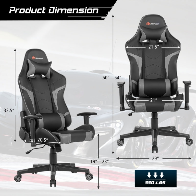 Fauteuil de jeu de massage inclinable et pivotant avec support lombaire, gris, Grey Faux Leather, Grey