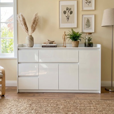143cm White High Gloss Sideboard with 4 Drawers, 2 Cabinets & Top Guardrail