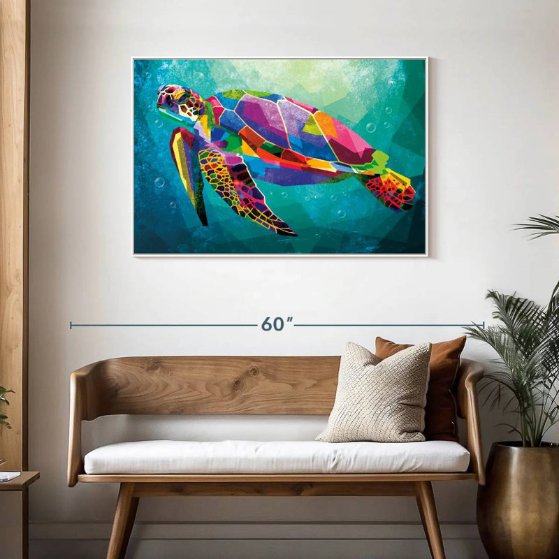 Tortue arc-en-ciel géométrique, Cadre flottant blanc, 43 po x 29 po