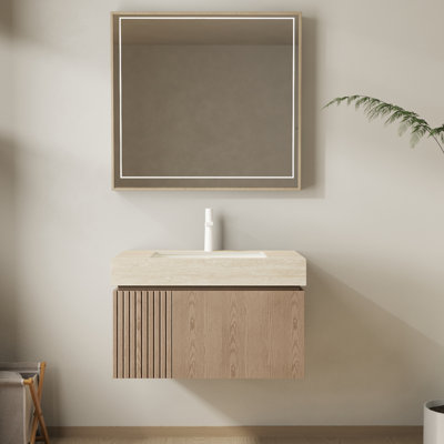 Meuble-lavabo 48 po avec lavabo, meuble-lavabo flottant simple, meuble-lavabo Heidelberg avec comptoir en travertin Roma, lavabo en céramique à 3 trous, tiroir à fermeture en douceur et portes, pré-assemblé
