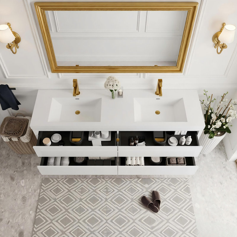 Meuble-lavabo mural 72 po avec double vasque, meuble de rangement flottant pour salle de bain avec comptoir en résine de pierre et tiroirs à fermeture en douceur, blanc brillant entièrement assemblé