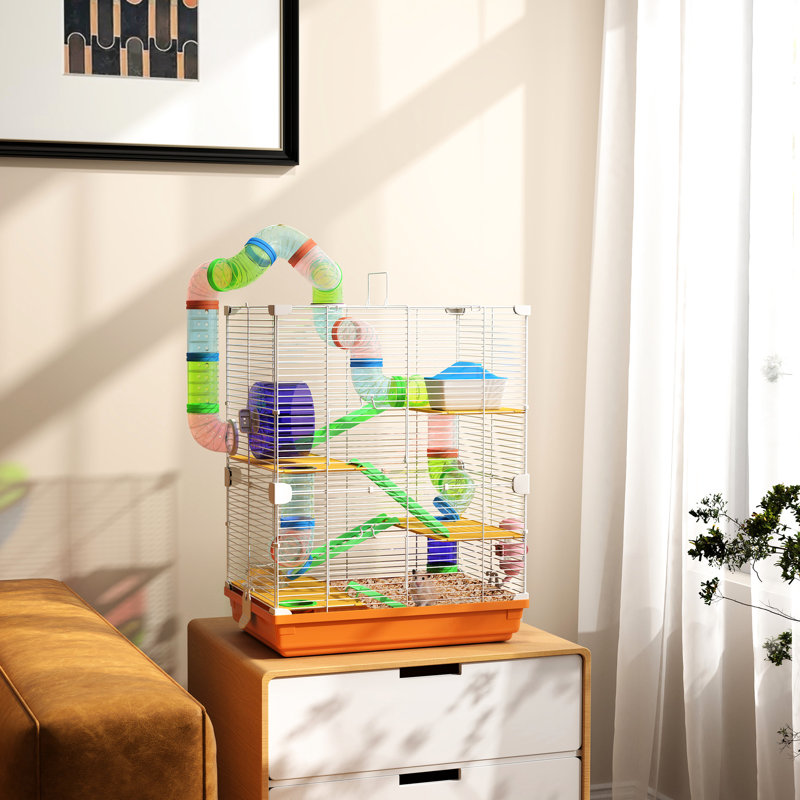 Petite cage à hamster 18 "à 5 niveaux avec tubes, tunnels, poignée de transport, orange, plat à nourriture, bouteille d'eau, roue d'exercice pour animal constitué par des hamsters et