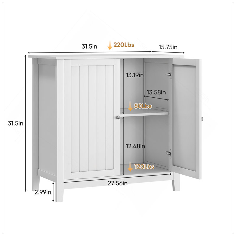 Armoire de rangement blanche à double porte, armoire de rangement autoportante moderne Mid-Century, armoire de rangement de salle de bain avec boutons argentés pour le salon, la cuisine, la salle de bain, le couloir