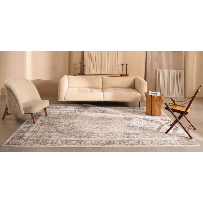 Tapis gris / beige délavé à la machine Octavia, olive Octavia, Rectangle 8 pi x 10 pi