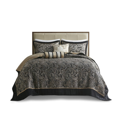 5 Piece Jacquard Bedspread Set with Decorative Pillows - King Size Black Traditional Paisley Design Bedding Set