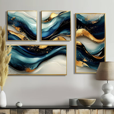Emerald Stone Fusion on Blue River III - Art mural abstrait 4 pièces