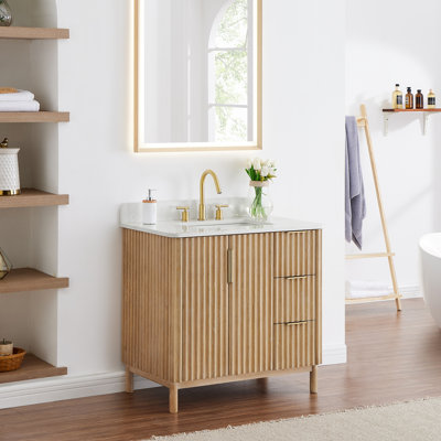 Siena 36" Double Bathroom Vanity with Grain White Engineered Stone Countertop without Mirror