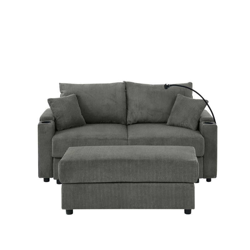 Canapé en velours côtelé gris avec rangement et porte-gobelets, siège de 22,5 po, décor moderne pour le salon, porte-téléphone, pièce tendance, solide