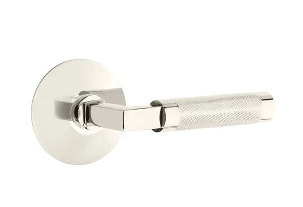 Mortaise intérieure Emtek Select Passage avec rosette moderne et tige carrée en L, levier moleté, Gauche, Nickel poli