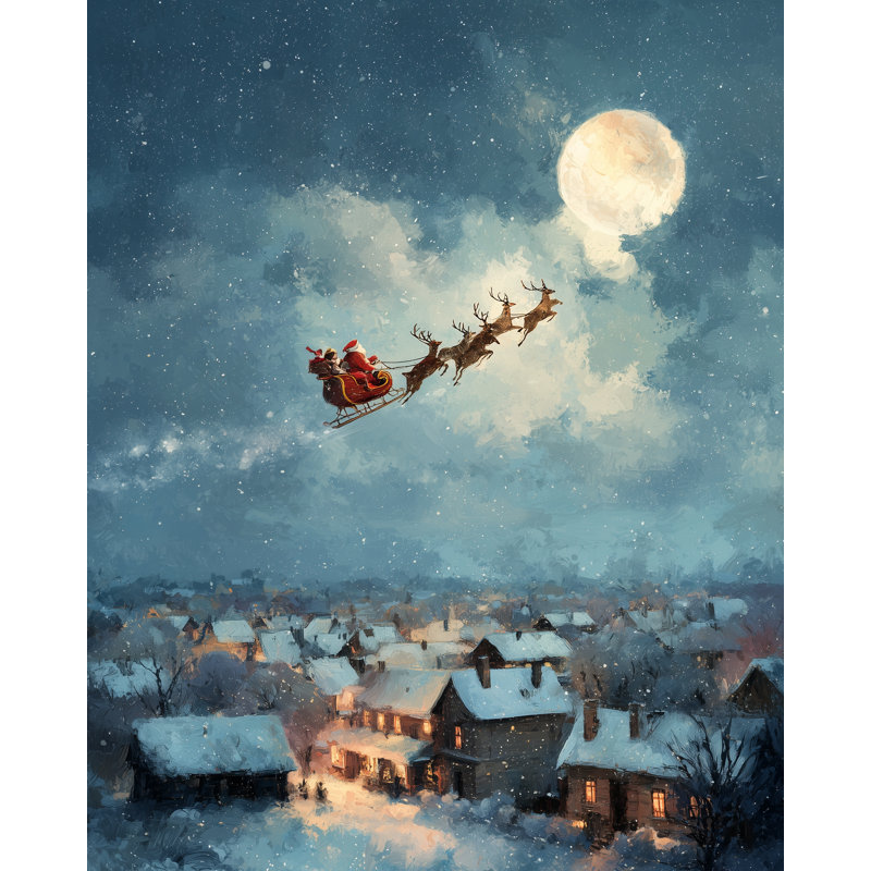 «Santa Flying Over Snowy Village», art mural sur toile, 24 po x 30 po
