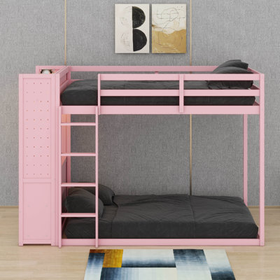 Lit superposé avec 4 tiroirs de rangement, bande lumineuse, rail de suspension, tablettes intégrées et panneaux perforés doubles