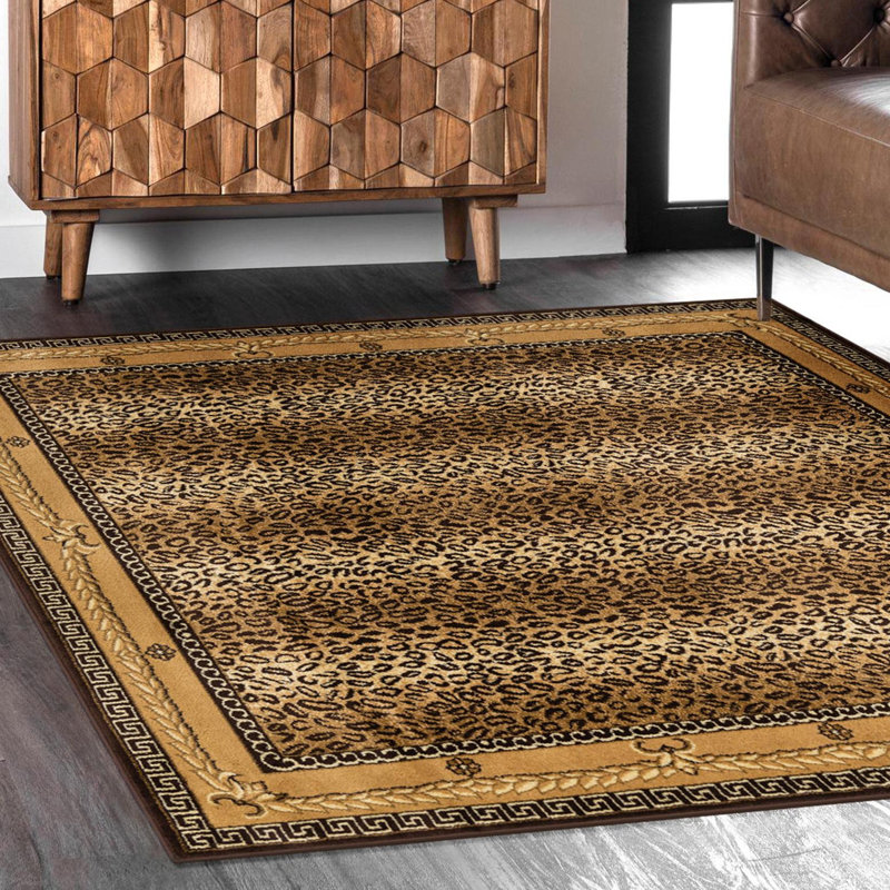 Tapis en polypropylène tissé à la machine imprimé animal en brun, Carré 10pi