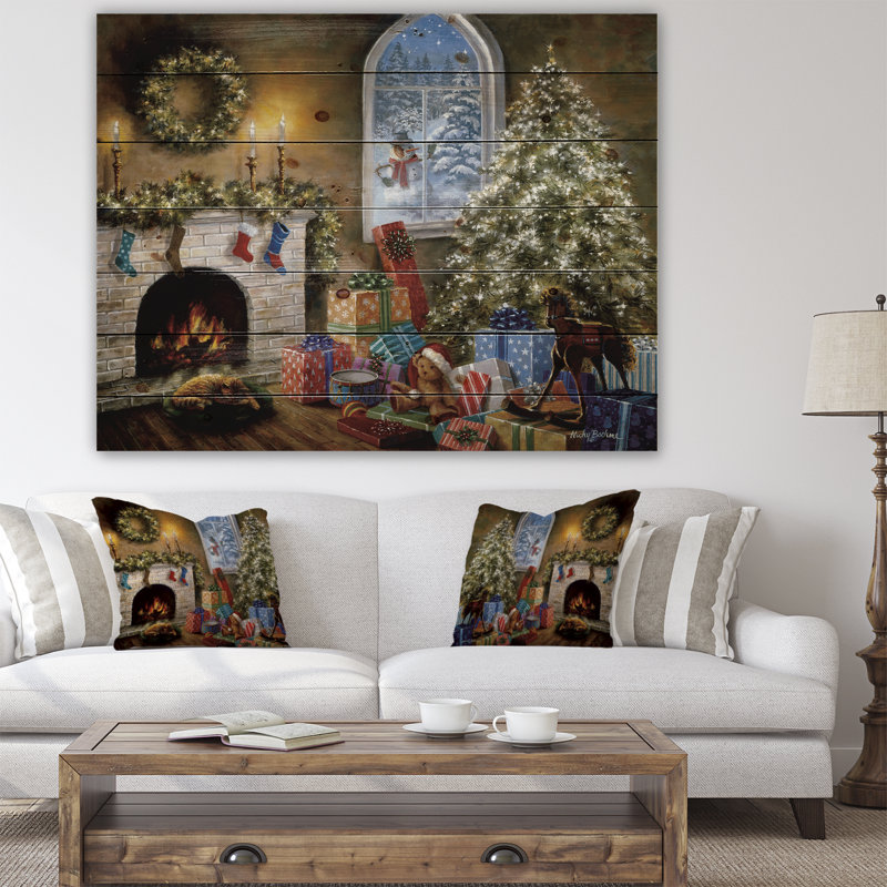 "veille de noël avec cadeaux par feu", H 15 po x l 20 po x P 1 po, Bois