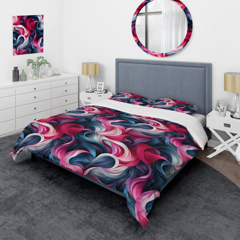 Ensemble de housse de couette rose et bleu à vagues abstraites Serenity, Housse de couette pour grand lit et 2 taies décor