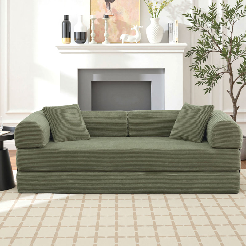 89" Boneless Corduroy Sleeper Sofa Bed, Modular Futon Couch, Compression Foam Sofa with 2 Pillows, No Assembly Required