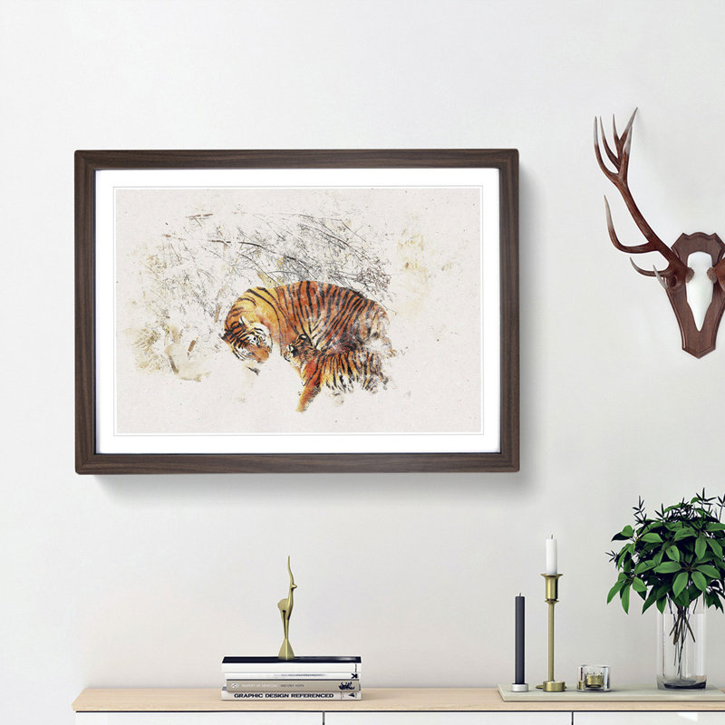 Mother Tiger & Cub in Winter - Picture Frame Graphic Art Print, 45cm H x 63cm W x 2cm D, Walnut Framed