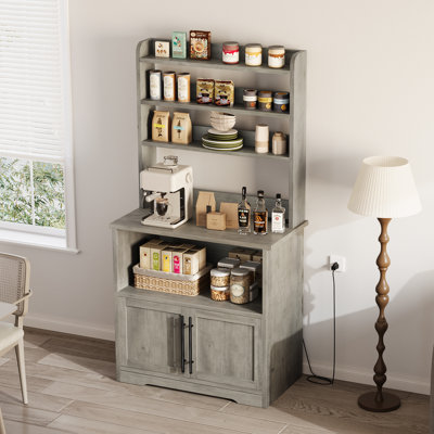 Bakers Rack with Storage Cabinet – Microwave Stand with Power Outlets, Farmhouse Coffee Bar Station with Thick Table Top – Kitchen Pantry Hutch for Dining Room, Grey