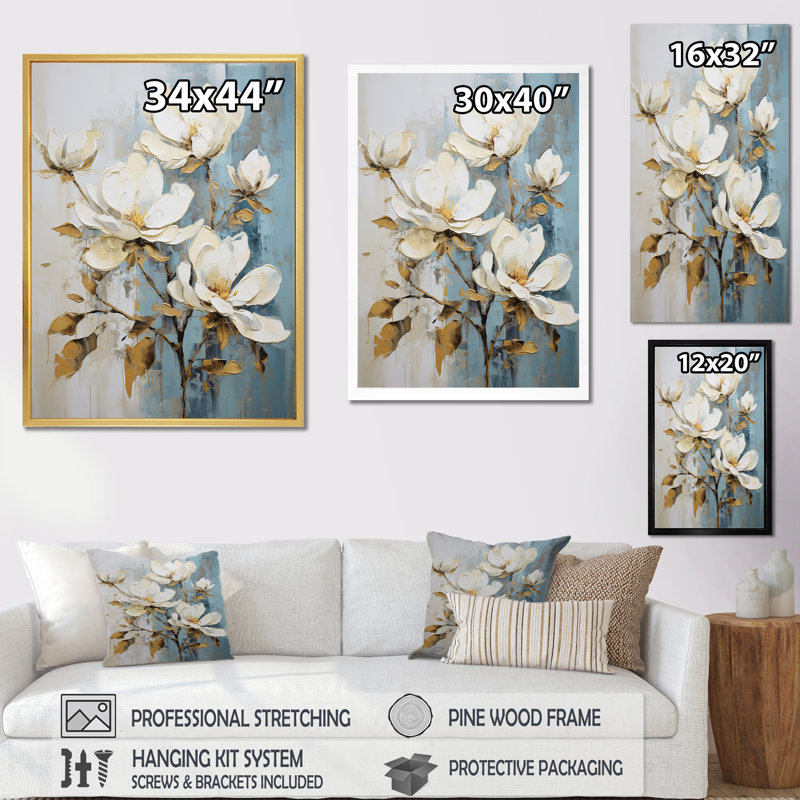 «White and Blue Magnolia Blossom Beauty III», reproduction sur toile, Cadre simple argenté, H 20 po x l 12 po x P 1 po