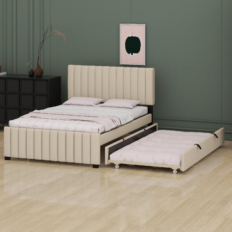 Lit plateforme tapissier en velours, Beige
