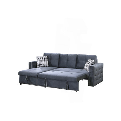 Gray Velvet Convertible Sectional Sofa Pull Out Bed Couch Storage Chaise Tufted Reversible 2Pc Sectional Living Room