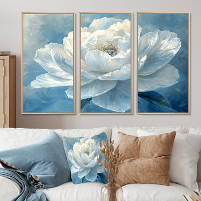 Pivoine bleue «Bloom of Tranquility» - art mural coquelicots pour le salon - ensemble de 3