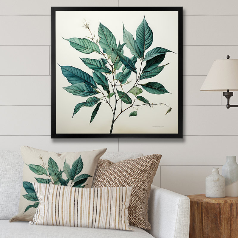 Impressions subtiles de feuilles bleu sarcelle, Cadre simple noir, H 36 po x l 36 po x P 1,5 po