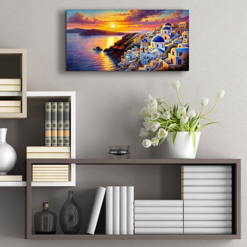 «Santorini Painted Sunset» par Rey Klimt, art mural en verre acrylique, H 12 po x l 24 po