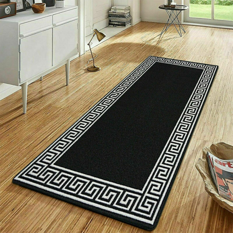 Greek-Key Black White Non-Slip Polypropylene Area Rug — Washable Door Mat & Hallway Runner for Living Room, Kitchen & Bedroom