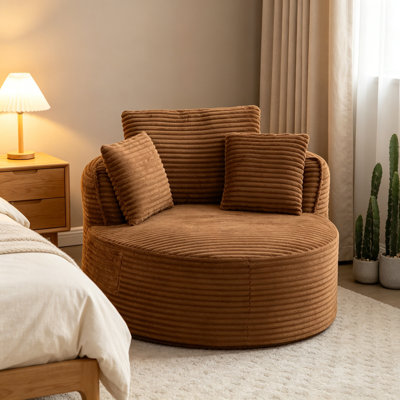  Fauteuil rond compressé en velours côtelé à siège profond avec accoudoirs modernes et 3 coussins et poche