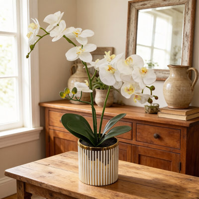 Orchidée blanche artificielle de 20,5 pouces en fausse plante phalaenopsis en pot à rayures dorées
