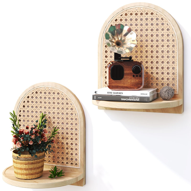 2 Pack Wooden Small Wall Shelf, 7''Natural Rattan Shelf with Wicker Decor