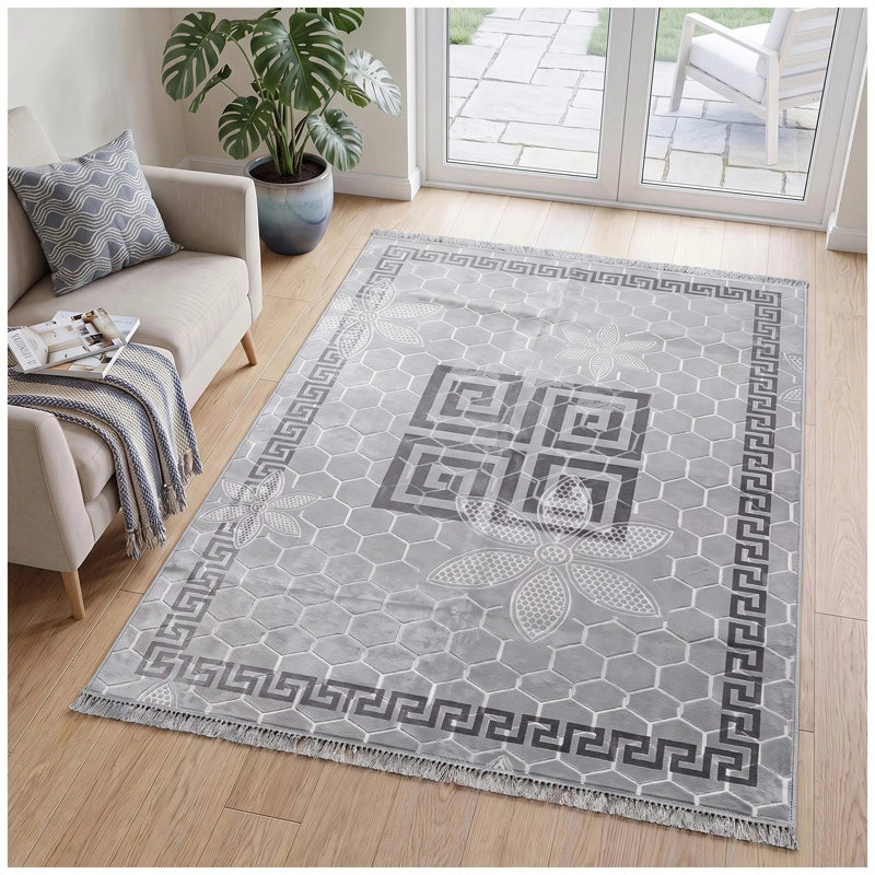 Rectangle Geometric Shapes Washable Area Rug, SILVER, Runner 80 x 180 cm