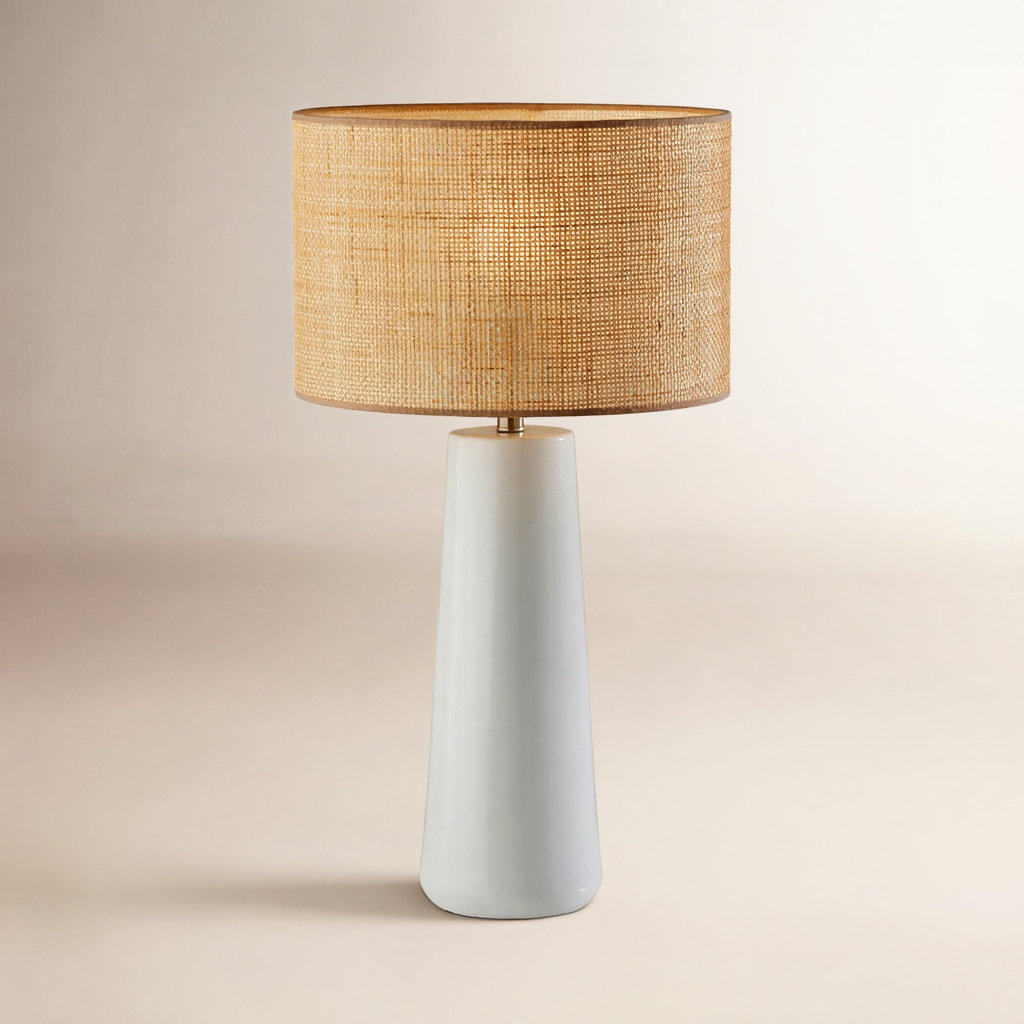 Piazza Ceramic Table Lamp, White, 30''H x 16''W x 16''D, Natural Rattan w. Beige Trim