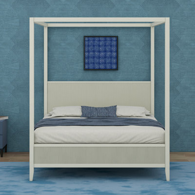 Modern Luxury Wooden Canopy Bed Frame with Headboard, Slats Support, Wood 4 Poster Bed Frame