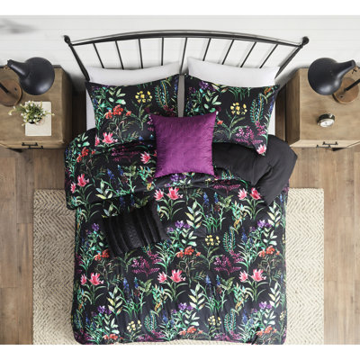 Édredon noir double / grand, 5 pièces, imprimé botanique, 2 taies décoratives, coussins décoratifs, pièce lavable à la machine en noir, motif, rembourrage, taies décoratives et tissu,