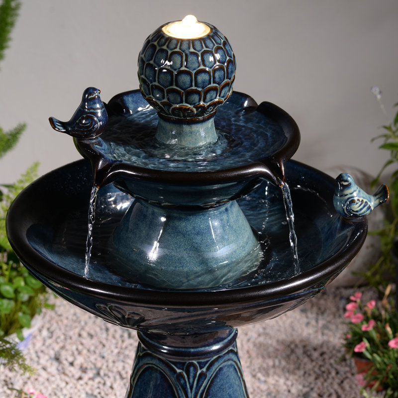 2-Tier Blue Ceramic Bird Bath Fountain, Decorative Water Fountain with LED Lights and Quiet Pump, Indoor Outdoor Water Feature for Patio, Garden, Deck, Balcony, Office and Home Décor, Relaxing Cascading Water Design