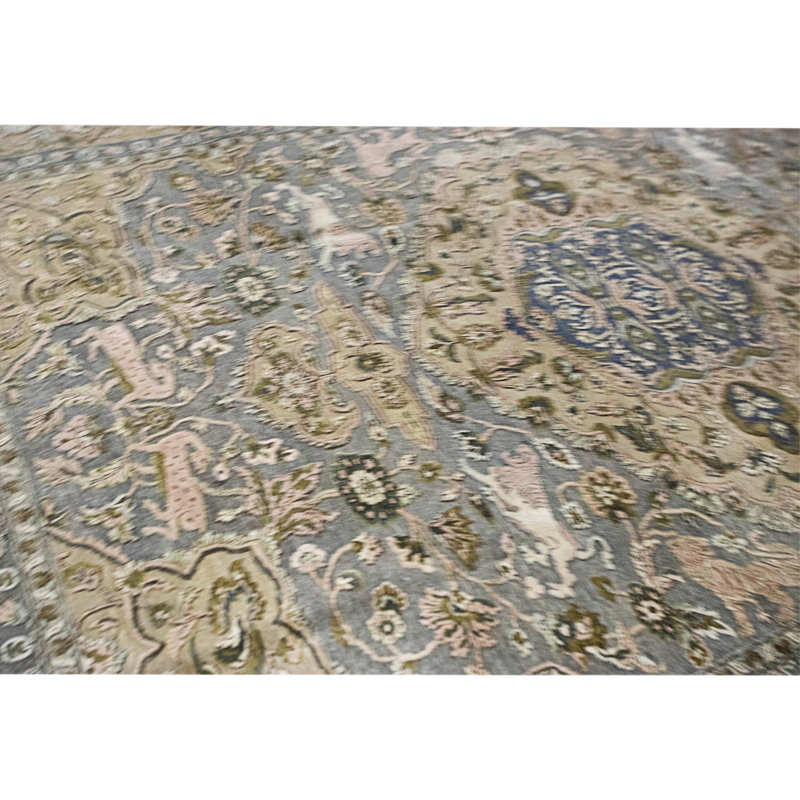 Tapis gris clair et doré de haute qualité noué à la main