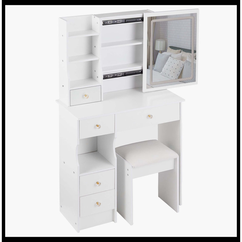 29.2" Small Size Left Drawer Desktop Vanity Table + Cushioned Stool, Large Sliding, Touch Control, Tri-Color Switching, Brightness Adjust LED Mirror, High Capacity Storage, Suitable For Small Space