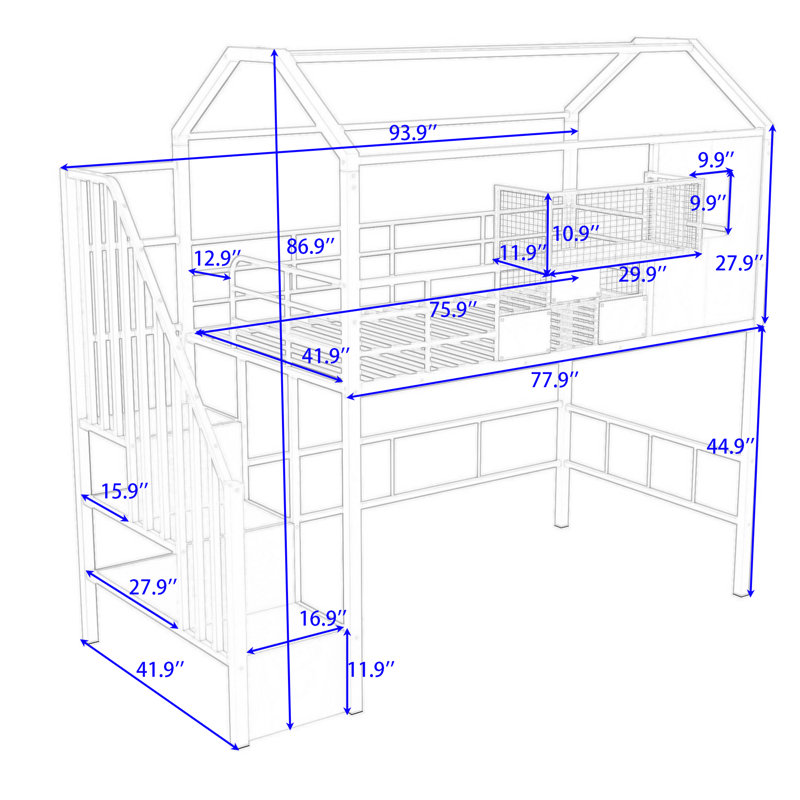 Twin Metal Loft Bed With Roof Design, Pink
