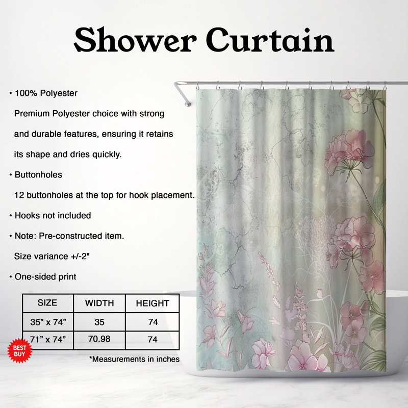 Rideau de douche standard 1 pièce rose et vert, H 74 po x l 71 po