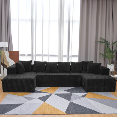 Canapé modulaire modulaire en forme de U, méridienne 4 places de 130 pouces avec design réversible, tissu en velours côtelé noir - canapé de salon ou de chambre à coucher personnalisable, disposition librement configurable.