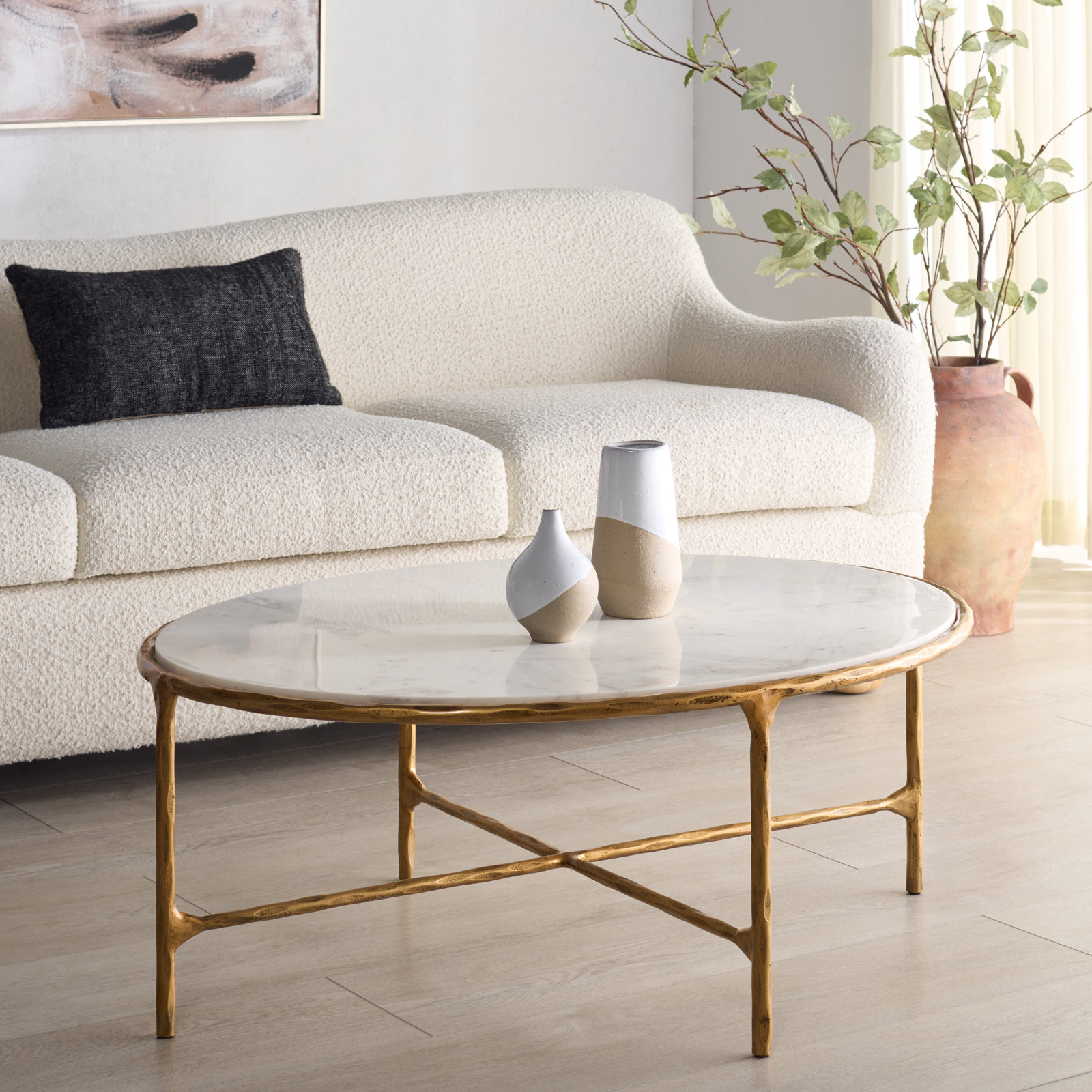 Evelynn Coffee Table, Brass, White Marble