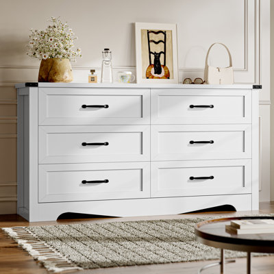 Extra-Wide 6-Drawer Dresser with Reinforced Frame, White MDF Storage with Metal Handles & Anti-Tip for Bedroom Living Room Hallway