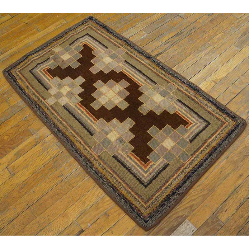 Hooked Wool Antique American 1925 Small Scatter Size Multicolor Rug